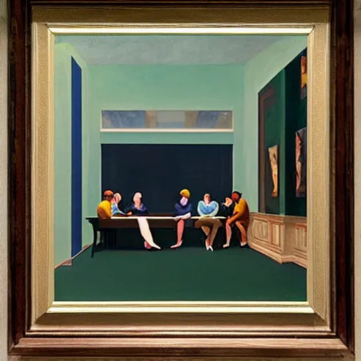 Image similar to painting, view from inside edward hopper's painting nighthawks, of people in art museum looking at the painting, by magrirre, by neo rauch