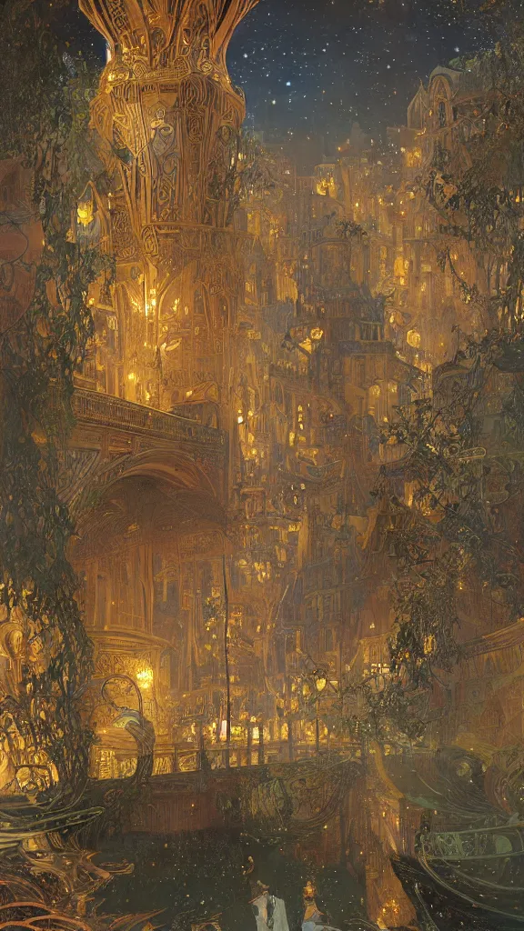 Image similar to a beautiful painting of the view from the river of an ancient many stories tall, narrow round cylindrical tower, with art nouveau architecture, at night with a sky full of stars, intricate, elegant, highly detailed, digital painting, artstation, concept art, by krenz cushart and artem demura and alphonse mucha