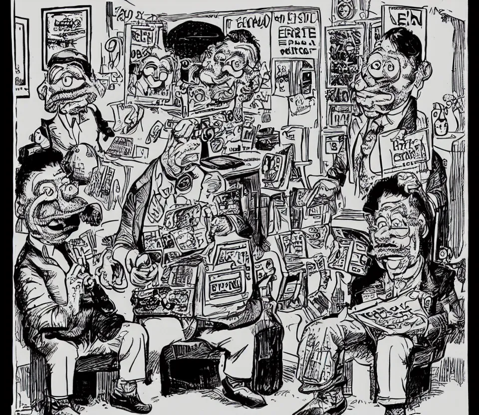 Image similar to r crumb cartoon of bert and ernie as caricaturized humans discovering the truth