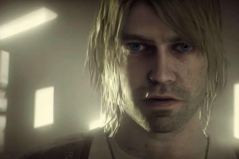 Image similar to a gaming screenshot portrait still of kurt cobain in resident evil, moebius, greg rutkowski, zabrocki, karlkka, jayison devadas, phuoc quan, trending on artstation, 8 k, ultra wide angle, video game graphics, blue technology sci - fi atmosphere realistic, 3 d game, zenith view, cyberpunk pincushion lens effect