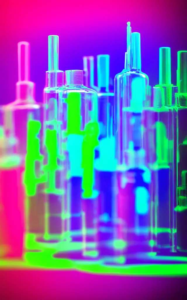 Image similar to a set of paint vials full of fluorescent neon dye on top of a color scientist's lab bench, sci - fi, concept art, in the style of max chroma colorists