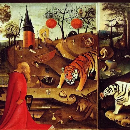 Image similar to in a dream world, a tiger tries to close an important deal, a pig tries to prevent the success of the deal, in the style of victor stabin, afro, cagli and hieronymus bosch, epic composition, insanely quality, only with red and crimson colors, masterpiece