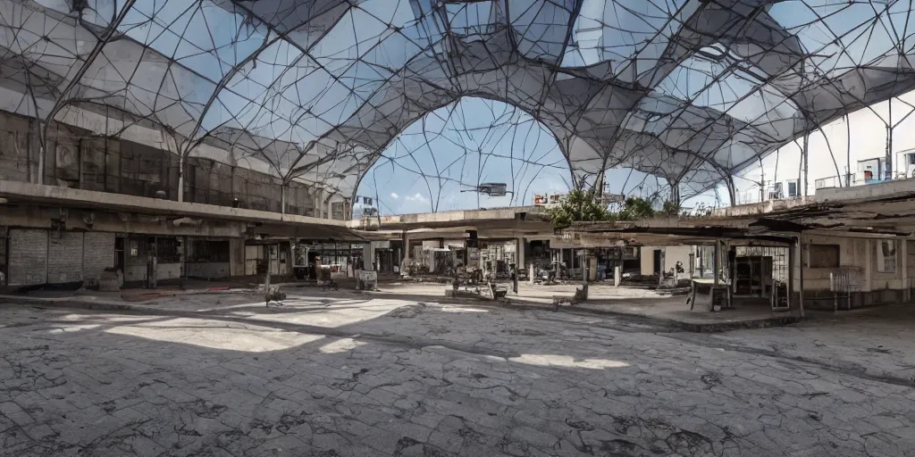 Prompt: an old and abadoned israeli bus station in tel aviv, without people, noon, sunlights, wide shot, digital art, ghibli style, makoto shinkai, flat colors