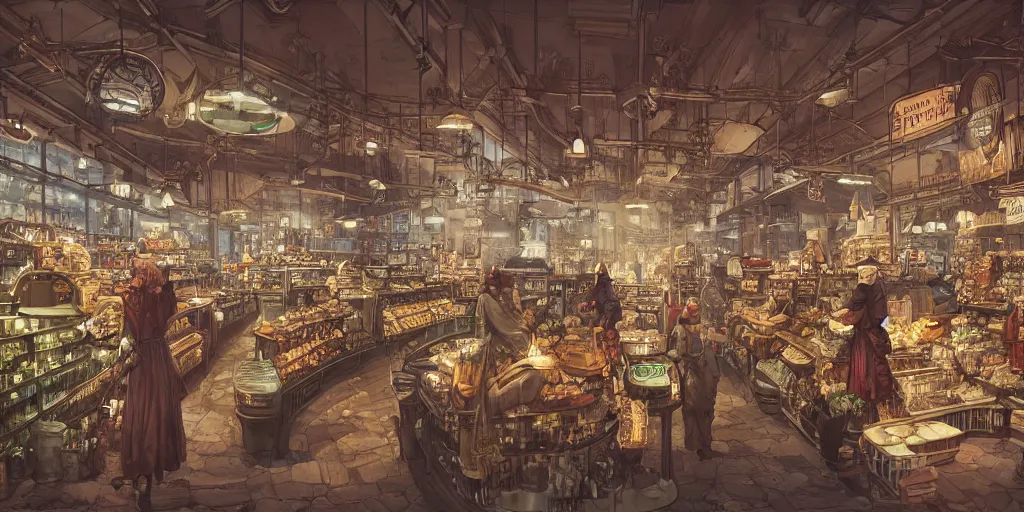 Image similar to Steampunk grocery store overview mapa design, Moebius, Greg Rutkowski, Zabrocki, Karlkka, Jayison Devadas, Phuoc Quan, trending on Artstation, 8K, ultra wide angle, pincushion lens effect