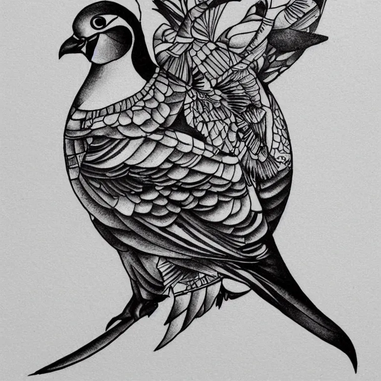 Image similar to new school pigeon tattoo design! dream tattoo of a common nyc street pigeon, stylized