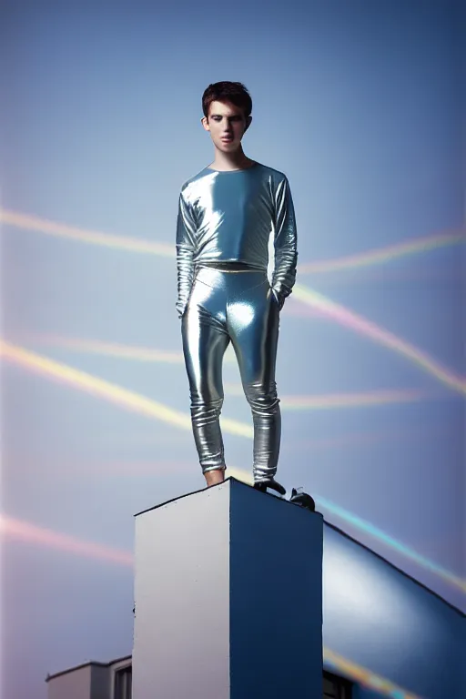 Image similar to un ultra high definition studio quality photographic art portrait of a young man standing on the rooftop of a british apartment building wearing soft baggy inflatable padded silver iridescent pearlescent clothing. three point light. extremely detailed. golden ratio, ray tracing, volumetric light, shallow depth of field. set dressed.