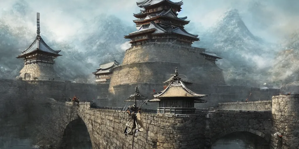 Prompt: japan middle age, giant fortress with cannons guarded by samurais, is built on a strong old wooden bridge, giant goddess with swords, morning, matte painting, concept art, james gurney, greg rutkowski, unreal engine, artstation, john howe