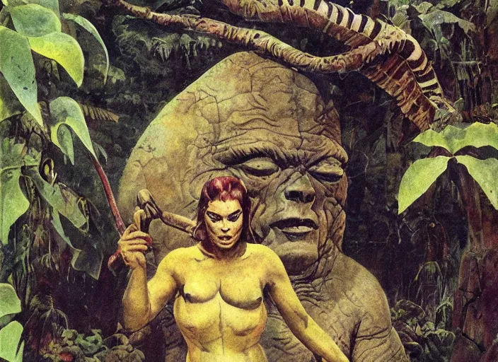 Image similar to giant stone head in a jungle clearing, children's book, vintage, Frank Frazetta