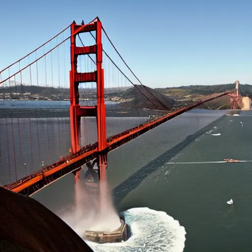 Prompt: photo of the golden gate bridge collapsing and breaking apart