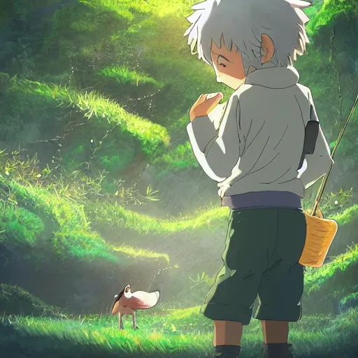 Prompt: friendly guy and small creature , with Fragile looking character portrait face made in Studio Ghibli artstyle ,highly detailed art, beautiful scene, sharp focus, smooth, 8k, anime art, fantasy, style in ghibli anime style, fantasy, island, forest, ghibli animal in 8k