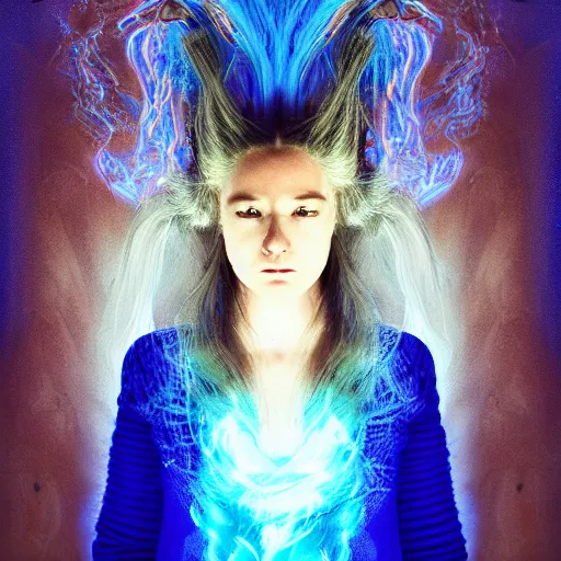 Image similar to portrait of young girl half dragon half human, dragon girl, dragon skin, dragon eyes, dragon crown, blue hair, long hair, surrounded of blue fire flowing, By David Lynch