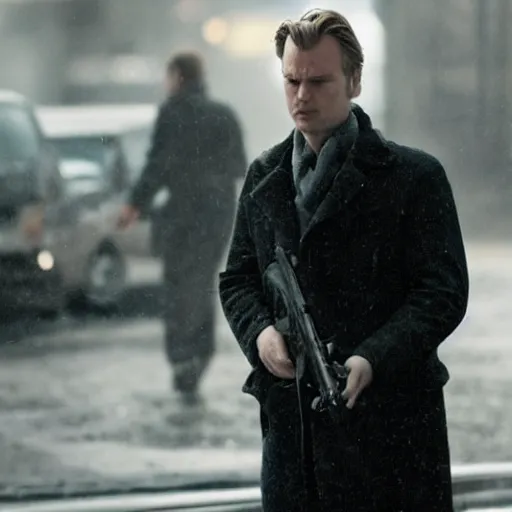 Image similar to as a detective in a movie directed by Christopher Nolan, movie still frame, promotional image, imax 70 mm footage