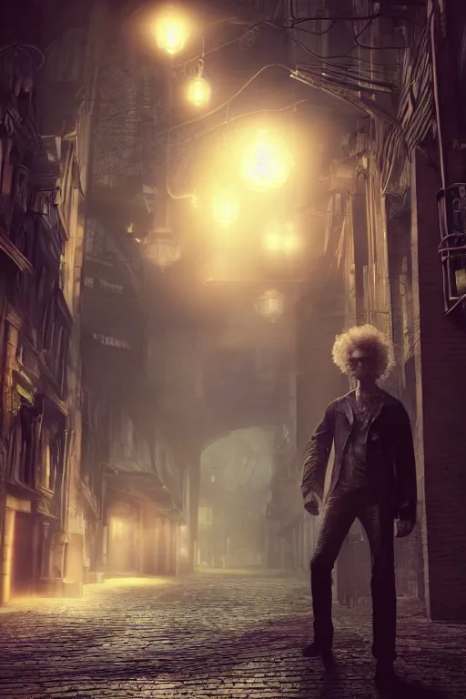 Prompt: a realistic photo of morpheus, the sandman by neil gaiman, pale face, spiky hair, swirling mist, intricate details and textures, mystical feeling, a dark and misty alley lit by gas lanterns, hyper realistic octane render, volumetric shading, depth of field, raytracing, 8 k,