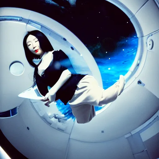 Image similar to a korean woman with long black hair and grey / black futuristic metallic clothing floating in zero - gravity in a spaceship with a white and blue futuristic interior. orange lighting, kodak film grain, expired film