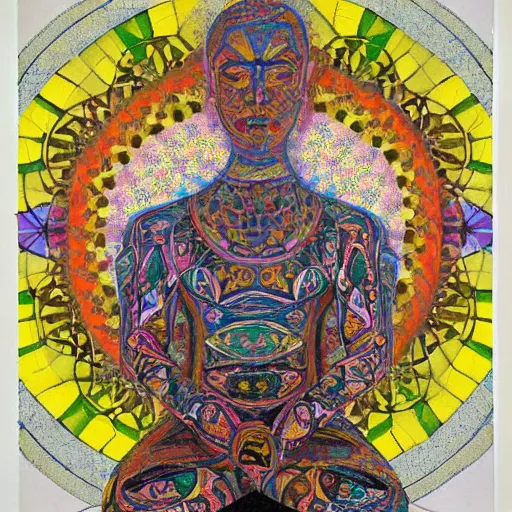 Prompt: A beautiful mixed mediart of a man with a large head, sitting in what appears to be a meditative pose. His eyes are closed and he has a serene look on his face. His body is made up of colorful geometric shapes and patterns that twist and turn in different directions. It's almost as if he's sitting in the middle of a kaleidoscope! by Fintan Magee brash