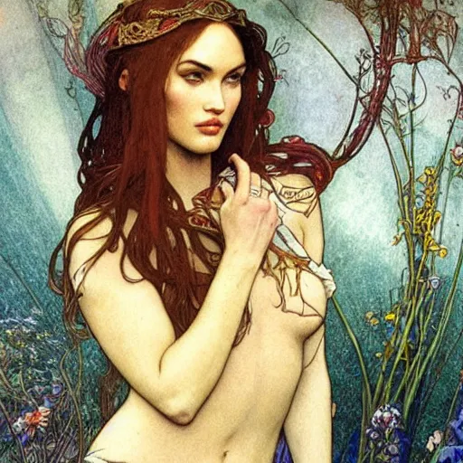 Image similar to Megan Fox, Alfons Maria Mucha