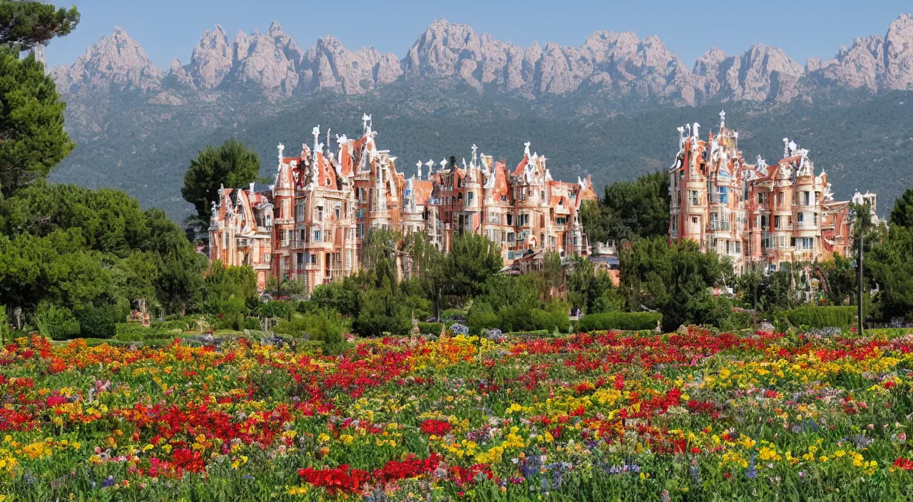 Prompt: a manor designed by Antoni Gaudí, with flower fields as foreground, with mountains as background