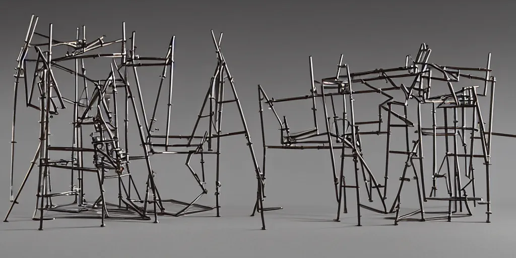 Prompt: small convoluted scaffolding sculpture made with steel and metal, wood planks, rock details joints, cinder blocks, bright construction materials, ratchet straps, photorealistic, studio lighting, product photography, high octane, higly detailed, made with unreal engine, painting by yves tanguy, by nate boyce, sculpted by david smith, by kay sage