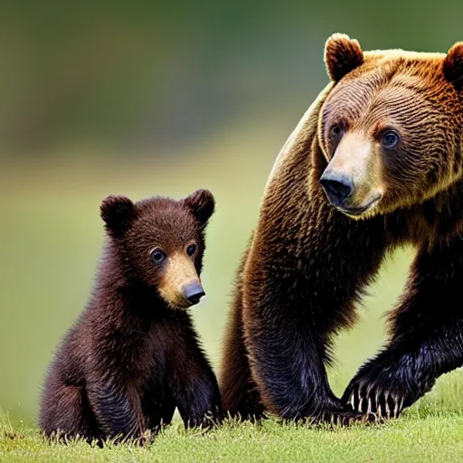 Prompt: a bear cub with his mother, photo taken by nikon, wildlife photography, nature magazine, tele lens