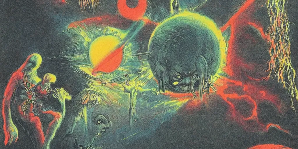 Image similar to dawn of creation ; first atom ; beings of light and darkness ; ethereal plane. bright neon colors. illustrated by maurice sendak and stephen gammell and junji ito