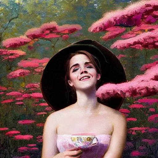 Prompt: thick paint brush strokes full body fashion model smiling squinting emma watson by Jeremy Lipking by Hasui Kawase by Richard Schmid (((smokey eyes makeup eye shadow fantasy, glow, shimmer as victorian woman in a long white frilly lace dress and a large white hat having tea in a sunroom filled with flowers, roses and lush fern flowers ,intricate, night, highly detailed, dramatic lighting))) , high quality