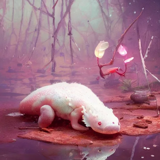 Image similar to Cute adorable sweet marshmallow axolotl crawling from a cacao swamp, salamander, candy world, oil painting, by Greg Rutkowski