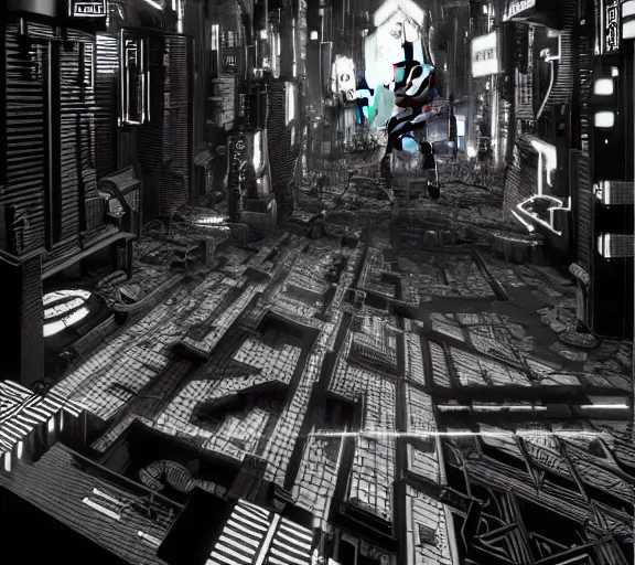 Image similar to a black and white illustration of a cyberpunk epic Friday night firefight in the style of M.C. Escher, Night City, cyberpunk 2077, 1979 OMNI Magazine Cover, impossible geometry, coherent, street level neo-Tokyo in Cyberpunk 2045, 4k, 8k, HD, trending on artstation