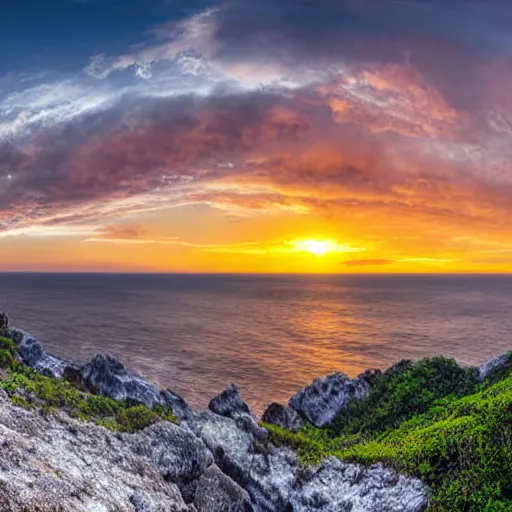 Prompt: Panoramic sunset from a rocky cliff above the ocean with huge curly cotton candy clouds digital art