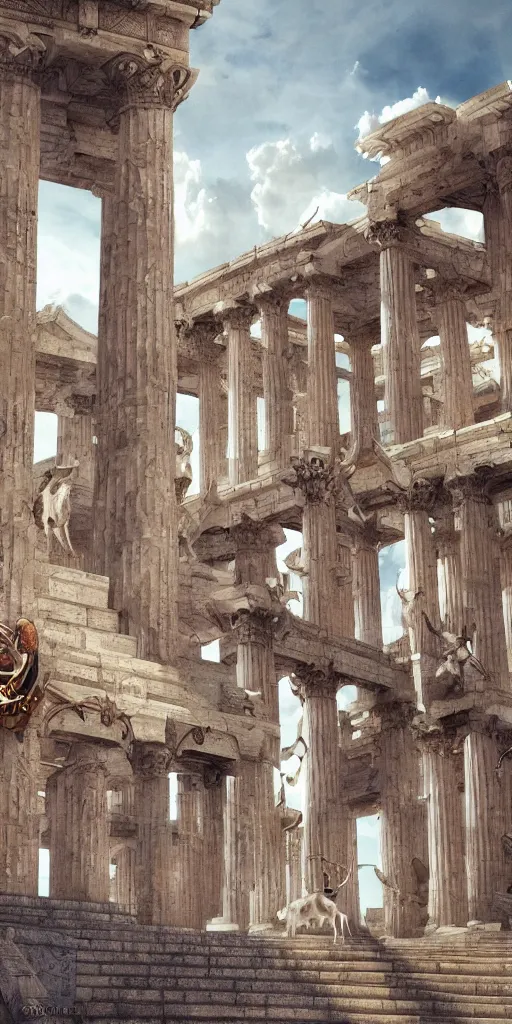 Prompt: a herd of goats! on stairs in a beautiful fantasy cathedral, epic, grandiose, many goats, magic, greek columns, tall towers, gorgeous clouds, colorful, sunrays, digital painting, landscape, octane render, unreal engine, high detail, very realistic, by katsuya terada