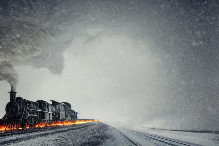 Prompt: an old locomotive rushing through snow storm in high speed, white steam on the side, dark smoke with fire! from the pipes, dynamic angled shot, speed lines, fire particles and snowflakes everywhere, 8 k, by jean - baptiste monge, 1 6 k, eerie moon eclipse cinematic scenery