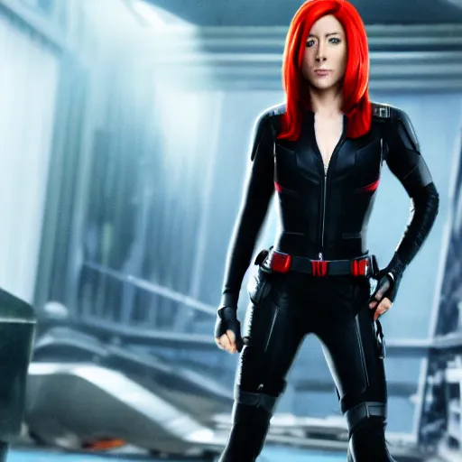Image similar to film still of Alyson Hannigan playing Black Widow in The Avengers, 4k