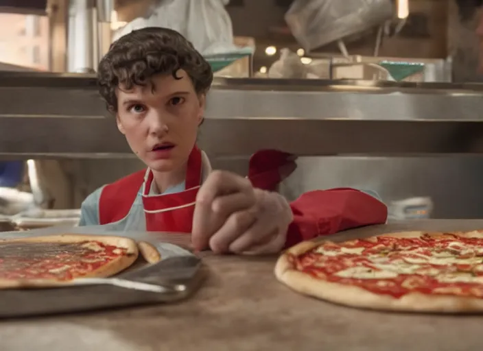 Prompt: Film Still of Eleven working in a pizza parlor making pizza in the new Stranger Things movie, 4k