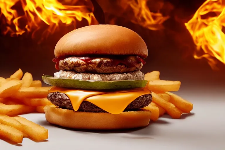 Prompt: mcdonalds hamburger burning to a crisp, commercial photography