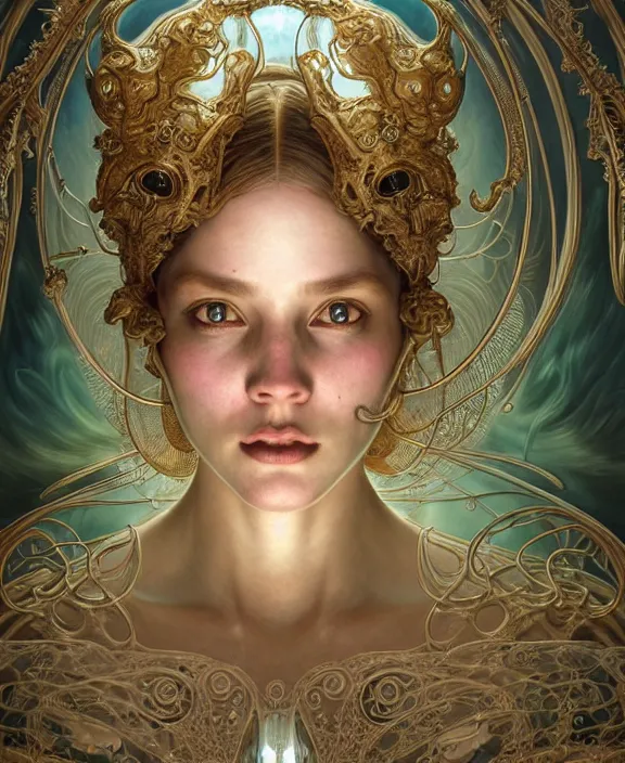 Image similar to intricate ornate opulent transparent clear see - through portrait of a terrifying beautiful alien mollusk, mottled coloring, adorable, childlike, pastoral environment, ultra realistic, concept art, art nouveau, photorealistic, octane render, 8 k, unreal engine. art by christopher marley and artgerm and greg rutkowski and alphonse mucha