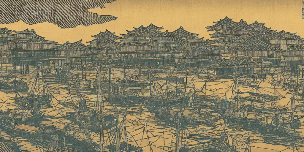 Prompt: woodblock print of a japanese harbor at midnight, beautiful lighting, deep colors, extremely intricate, hyper detailed, hd, edo period masterpiece