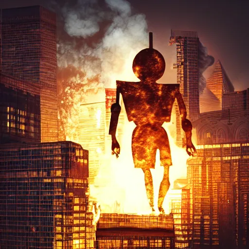 Prompt: metallic android carrying a sleeping child, emerging from fire and smoke, background of futuristic cityscape, buildings on fire, no blur, very detailed, realistic photo, nighttime