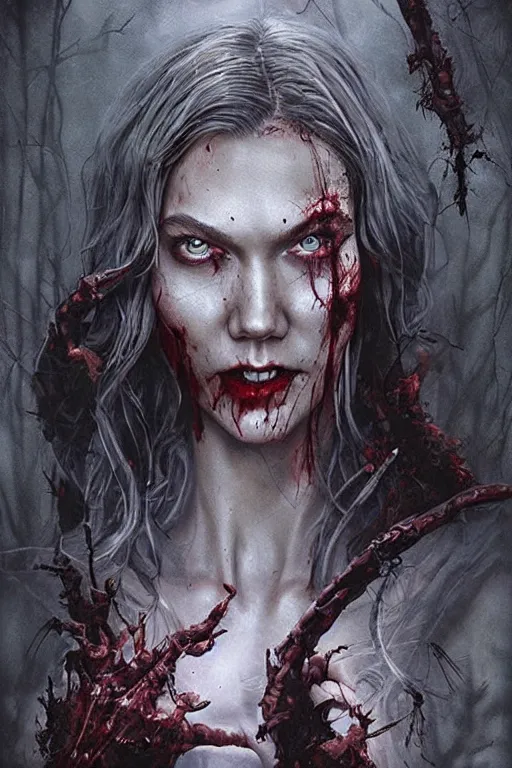 Image similar to movie poster of Karlie Kloss staring in a 1980 horror movie, zombie themed, by artgerm and greg rutkowski