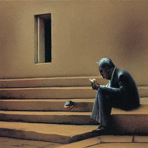 Prompt: a portrait of a calm bernie sanders smoking, sitting on temple stairs, painted by zdzislaw beksinski