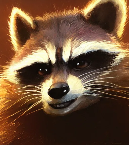 Image similar to a closeup portrait of Rocket Raccoon by Craig Mullins; extraordinary-masterpiece; realistic-lighting; anatomically-correct; 90mm; f/1.4