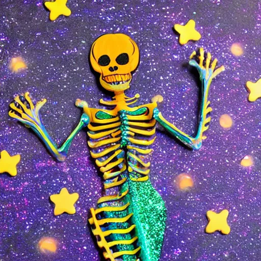 Prompt: stop motion bipedal halloween skeletal eel skeleton fantasy mermaid with a boney fish body, on a spray painted cardboard dock with a hand painted night sky full of led glittery stars, adorable, side profile, macro camera lens