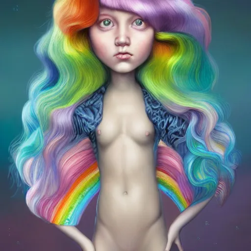 Image similar to an intelligent beautiful young girl with rainbow hair looking at the camera, she has a cute face, intricate, elegant, highly detailed, digital painting, artstation, concept art, smooth, sharp focus, illustration, art by mark ryden and lucian freud 3 d 8 k ultra detailed