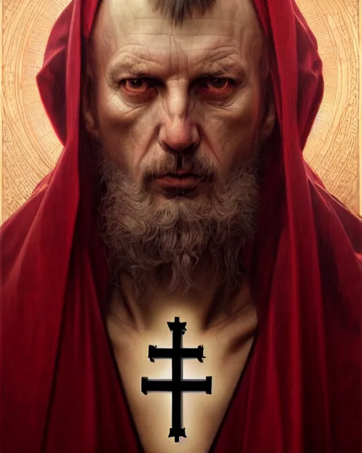 Image similar to realistic portrait of a nasty bishop, inverted cross, evil, heroic pose, beautiful face, bible, full body, dramatic lighting, intricate, wild, highly detailed, digital painting, artstation, concept art, smooth, sharp focus, illustration, art by artgerm and greg rutkowski and alphonse mucha, footage from space camera