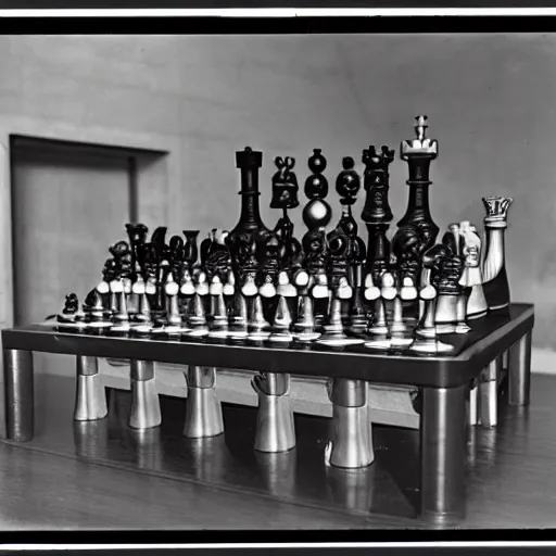 Image similar to an ancient machine, artificial intelligence chess machine, 1914 , in the style Man Ray and Hito Steyerl, CERN archives, 35mm film