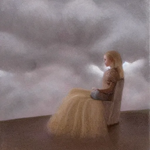 Prompt: Elle Fanning at night, stormy weather, extremely detailed masterpiece, illustration, by Michael Sowa,