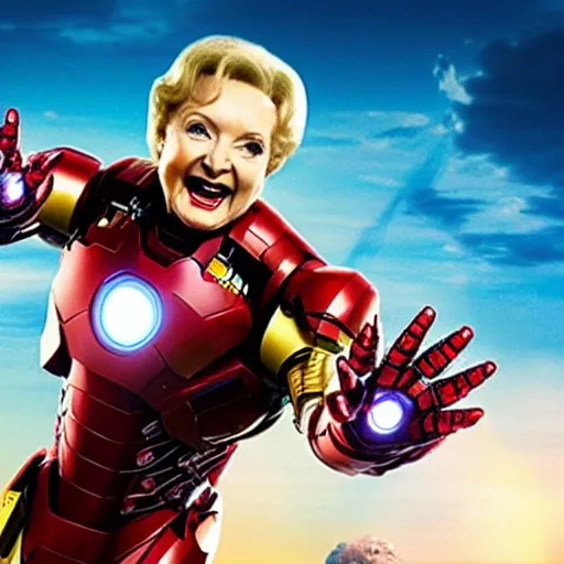 Image similar to promotional still of betty white as marvel's iron man [ film ], hero pose but shy, action, adventure, romance, imax 7 0 mm, 4 k