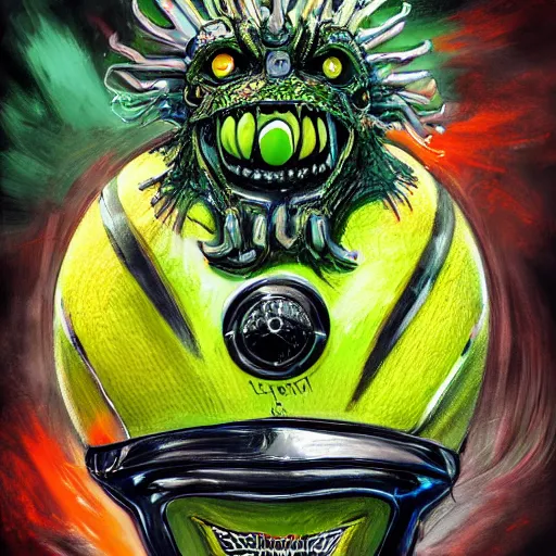 Image similar to a tennis ball monsteron a motorcyle harley davidson on a tennis court, digital art, fantasy, magic, chalk, trending on artstation, ultra detailed, professional illustration by basil gogos