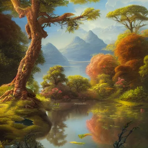 Image similar to A detailed painting of an idyllic pond with a giant tree on an island in the middle by Justin Gerard, Trending on artstation