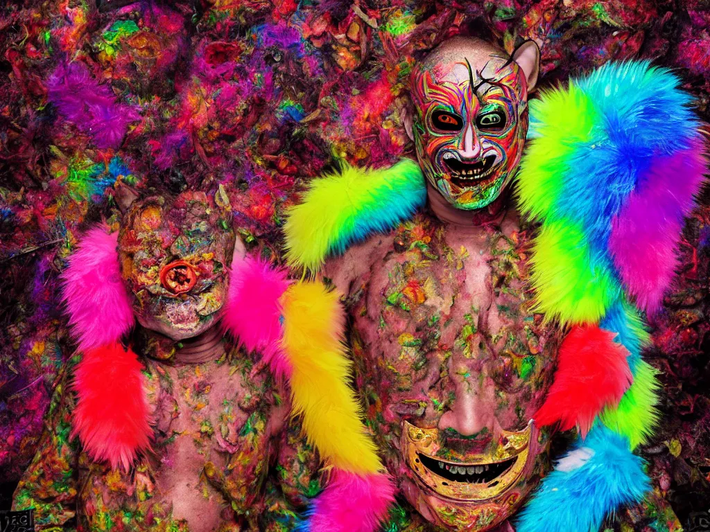 Image similar to a portrait of a beautiful colorful ( flesh - eating ) yamazaku wearing a terrifying mask and covered in rainbow fur, the ground is covered in maggots, seen from a fractal kaleidoscope, schizophrenic hallucination, fear, morbid, nightmare, supernatural, 8 k, hd photography, highly detailed, chiaroscuro, terrifying