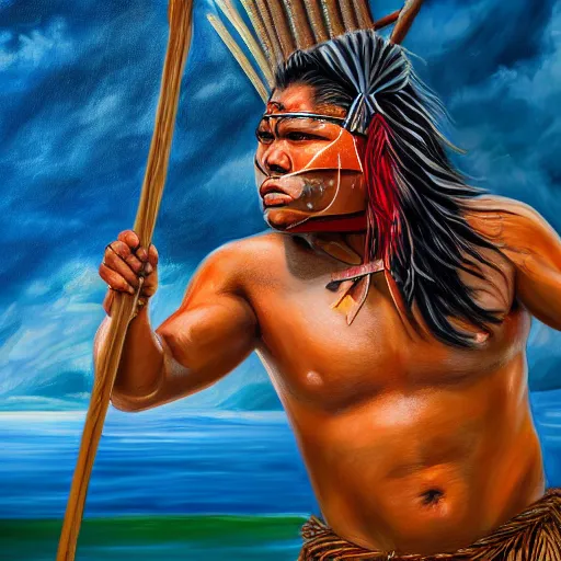 Image similar to a pacific islander warrior on a boat painting, 4 k, hyper realistic, dslr, high resolution, landscape, beautiful