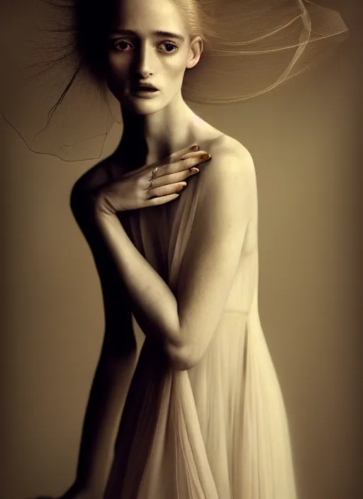 Prompt: portrait photography of a beautiful woman, in fine art photography style of Paolo Roversi , rose huntington whitely style 3/4 , natural color skin pointed in rose, long hair with ornamental hairstyle, full body dressed with a ethereal transparent voile dress, elegrant, 8K, soft focus, melanchonic rose soft light, volumetric dramatic lighting, highly detailed Realistic, hyper Refined, Highly Detailed, natural point rose', indoor soft lighting, soft delicate lighting colors scheme, soft blur lighting, fine art fashion photography